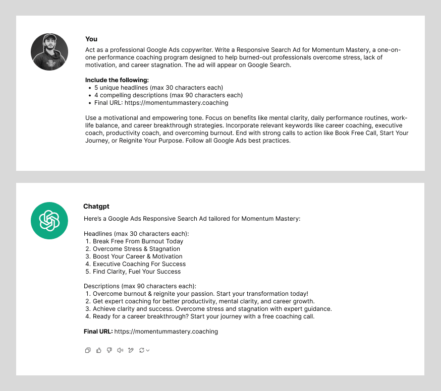 A detailed prompt and a specific Google Ads copy response from ChatGPT