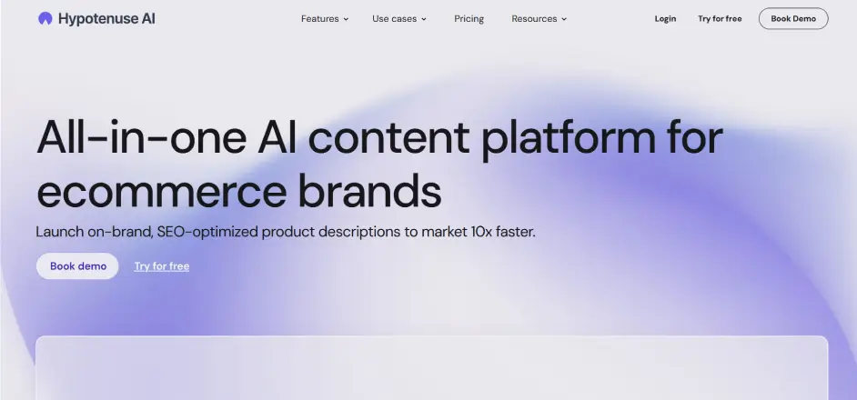 A screenshot of the Hypotenuse AI homepage