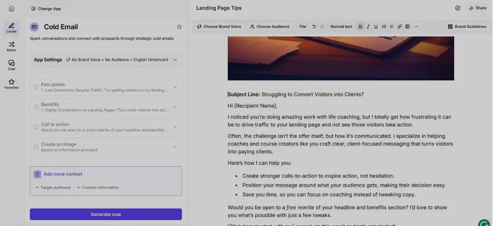 A screenshot of the Jasper AI interface showing the input fields for a cold email (like target audience and offer) and the resulting generated email copy