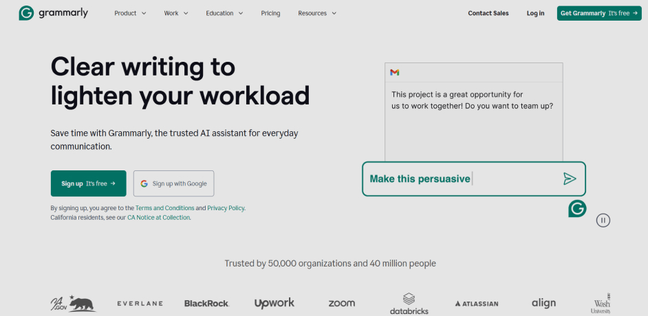 A screenshot of the official Grammarly homepage