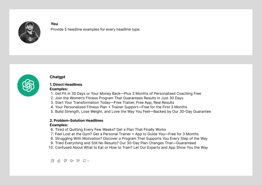 ChatGPT brainstorming multiple headline variations for a fitness membership sales page, illustrating how AI helps refine and expand headline ideas before publishing.