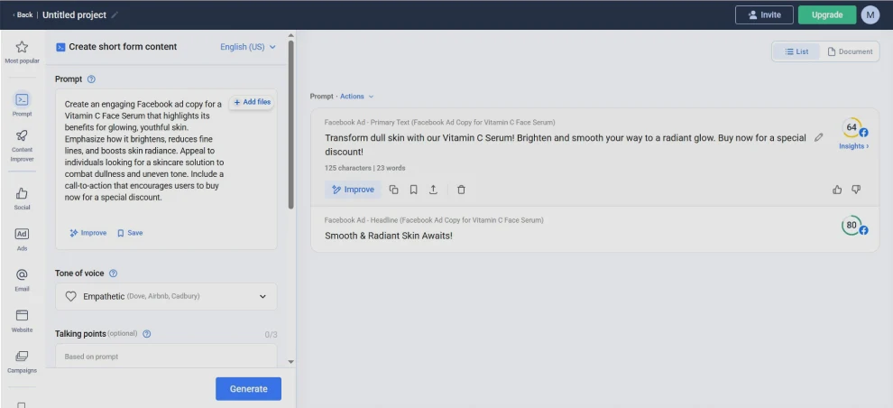 Creating a short-form ad with the Anyword AI tool