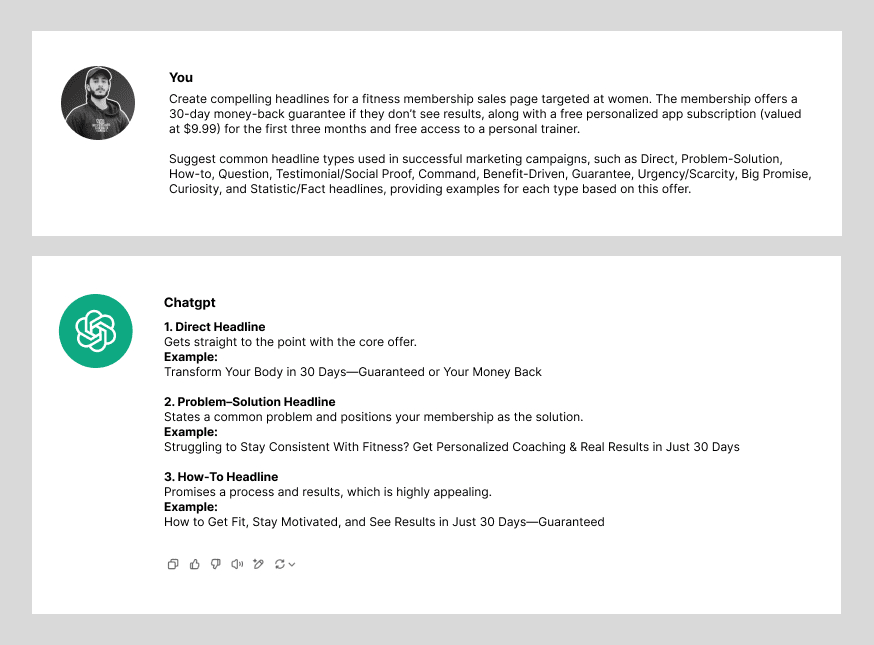 Example of an AI writing tool generating a headline for a fitness membership sales page, showing a great initial response but requesting more headline types.