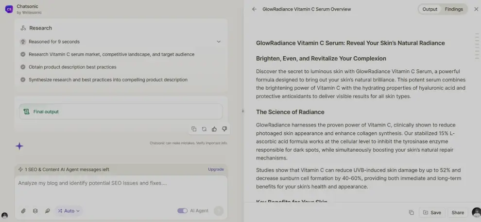 Generating engaging and persuasive product descriptions using Writesonic's AI writing assistant to boost sales.