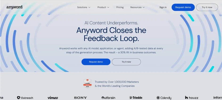 The hero section of the Anyword homepage, showcasing its AI platform for performance-driven marketing copy with predictive scores