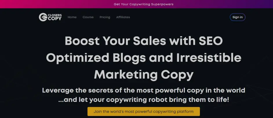 The hero section of the ClosersCopy homepage, showcasing its AI copywriting software for sales and marketing content