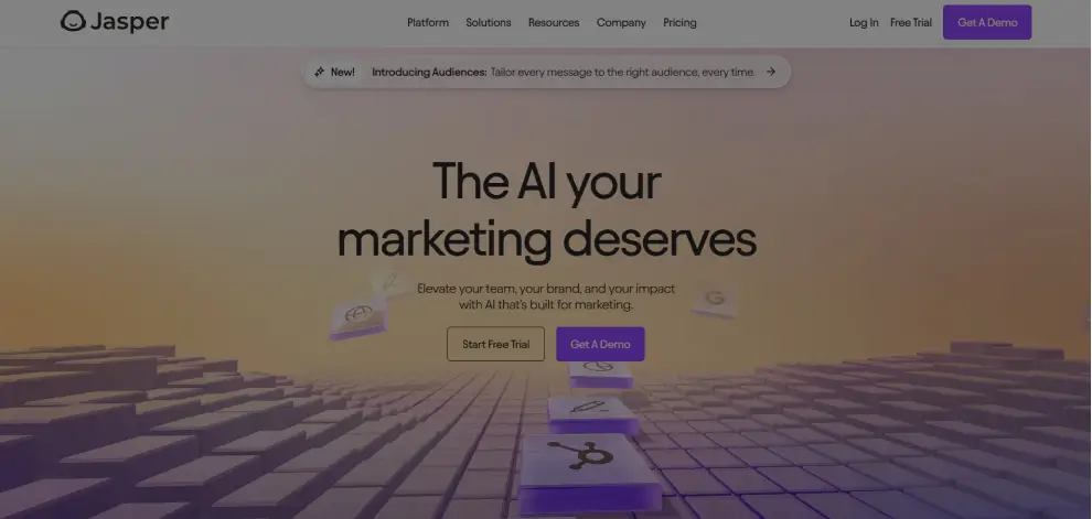 The official homepage for Jasper AI, showing a preview of its AI content platform and main headline