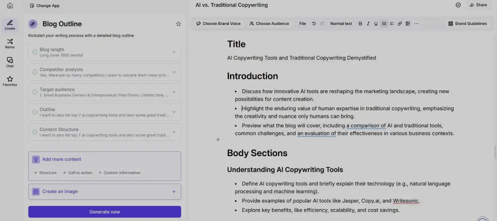 Using Jasper AI's features to instantly create a detailed outline for an SEO-friendly article