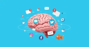 Brain with notifications and a goldfish on a turquoise blue background, symbolizing how to capture audience attention