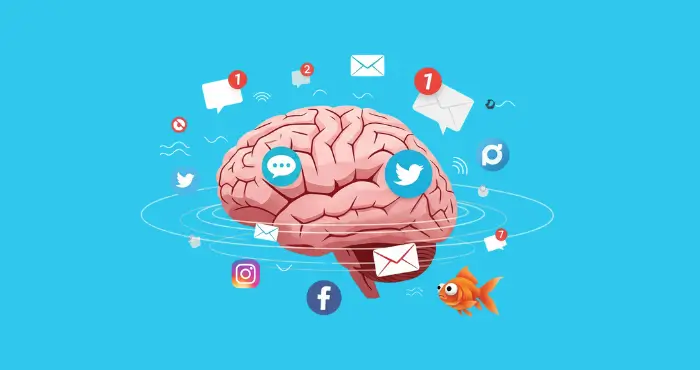 Brain with notifications and a goldfish on a turquoise blue background, symbolizing how to capture audience attention Brain with notifications and a goldfish on a turquoise blue background, symbolizing how to capture audience attention