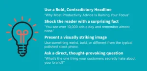 5 Proven Ways to Capture Audience Attention Copywriting tips graphic showing four engagement tactics