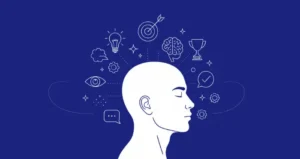 Illustration of a human head with icons symbolizing how to sell without being salesy using imagination and visualization