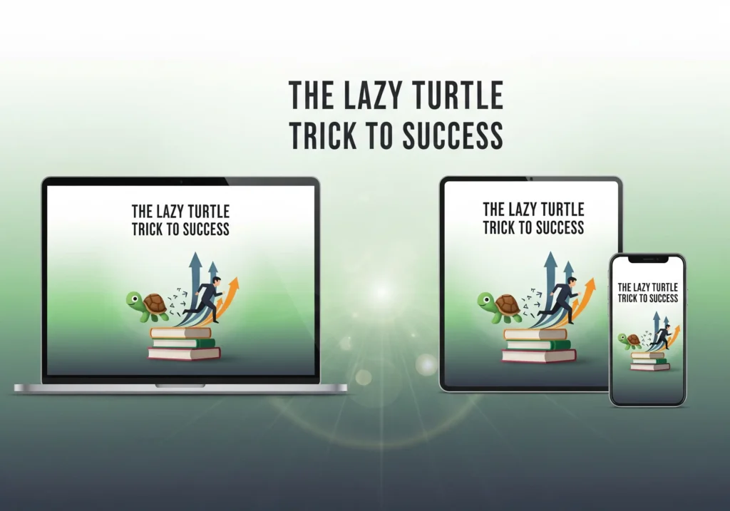 Ebook mockup of The Lazy Turtle Trick to Success on devices with growth icons, turtle-to-human transformation, and modern gradient background.