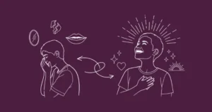 Emotional marketing illustration showing a transformation from vulnerability to confidence with white line art on a deep plum background.