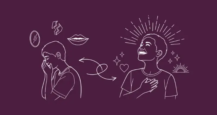 Emotional marketing illustration showing a transformation from vulnerability to confidence with white line art on a deep plum background. Emotional marketing illustration showing a transformation from vulnerability to confidence with white line art on a deep plum background.