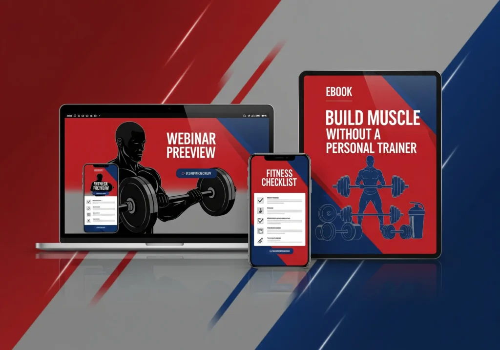 Fitness funnel mockup showing ebook, webinar, and mobile guide for building muscle without a personal trainer, with bold red, gray, and blue background.