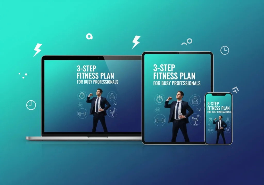 Gradient mockup of 3-Step Fitness Plan guide for busy professionals on laptop, tablet, and smartphone.