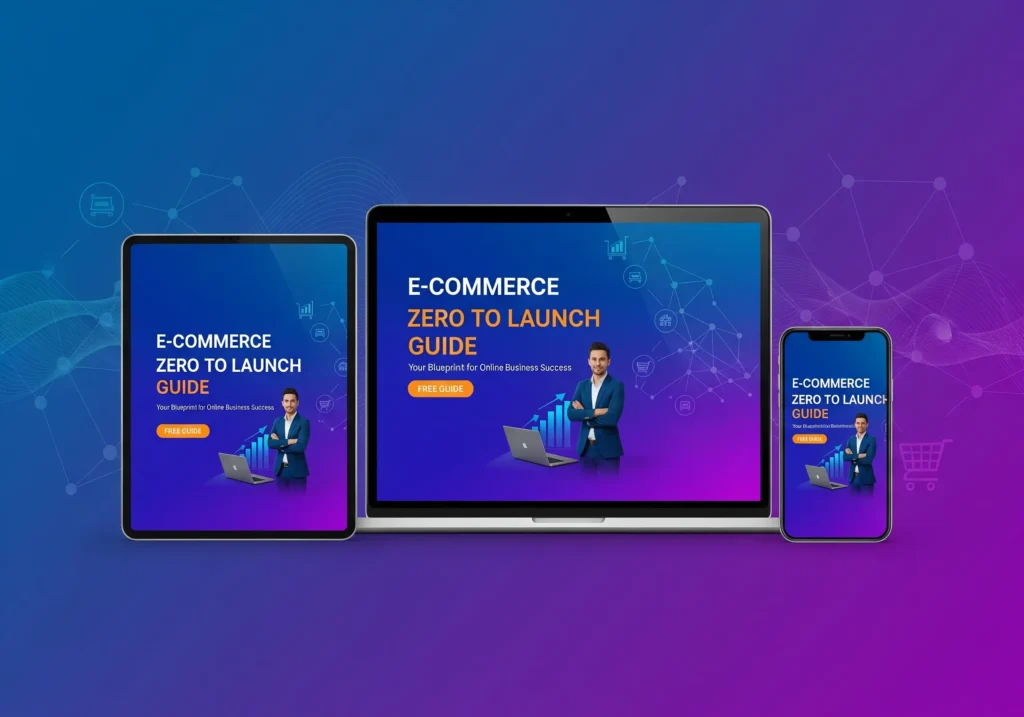 Gradient mockup of E-Commerce Zero to Launch free guide on laptop, tablet, and smartphone for business growth campaign