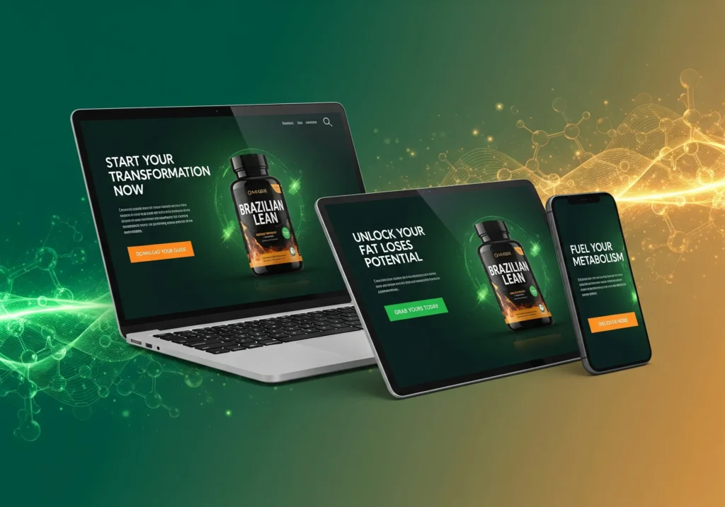 Mockup of Brazilian Lean 8-part email sequence displayed on laptop, tablet, and phone with vibrant gradient background showcasing professional email marketing design.