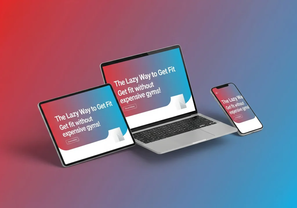 Mockup of FitLife Coaching Awareness Campaign ads displayed on laptop, tablet, and smartphone with bold red and blue gradient background, representing Facebook, LinkedIn, and Google ad copies.