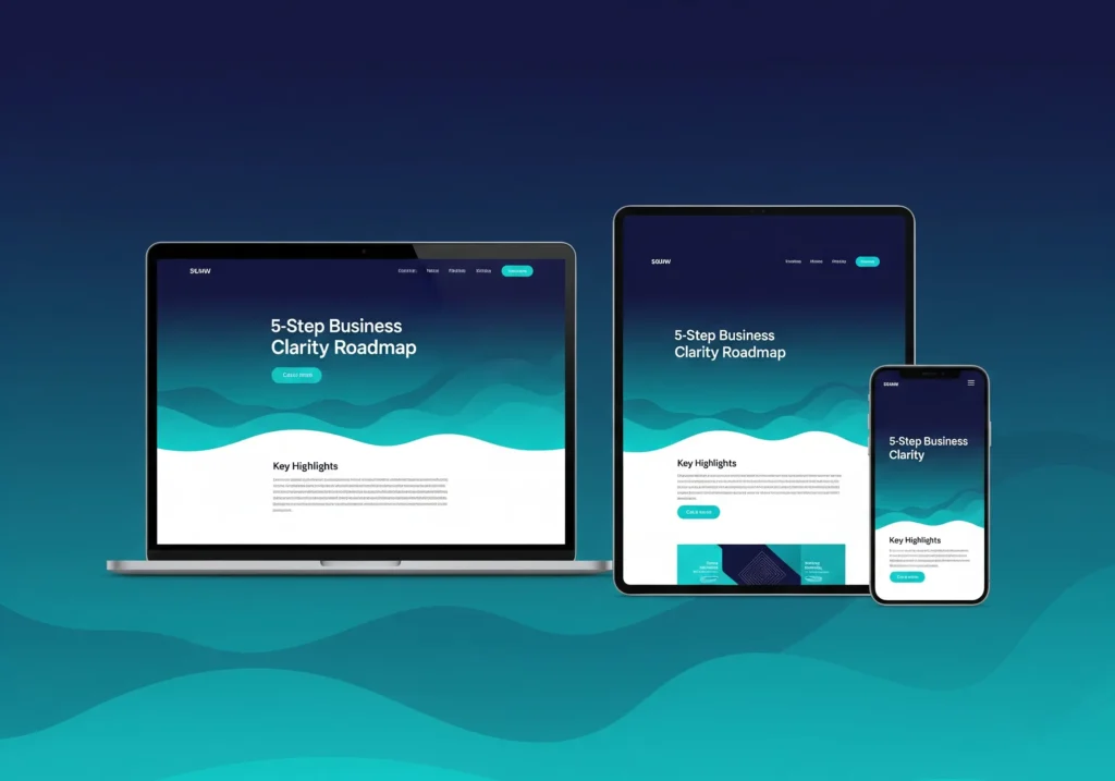 Responsive landing page mockup for the 5-Step Business Clarity Roadmap shown on laptop, tablet, and phone with teal gradient background, no text or logos.