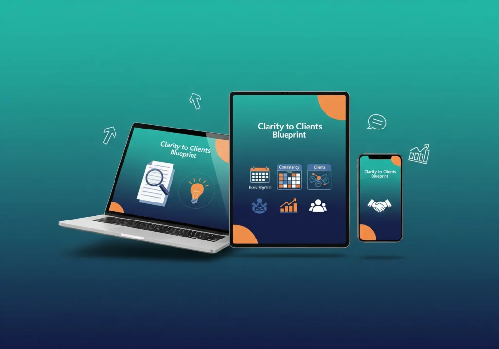 Seamless gradient mockup of Clarity to Clients Blueprint eBook on laptop, tablet, and smartphone with growth icons