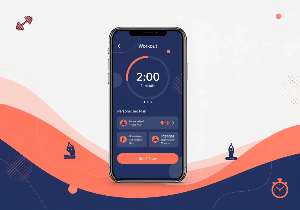 Smartphone showing Flexify fitness app with quick workout timer on coral and navy background