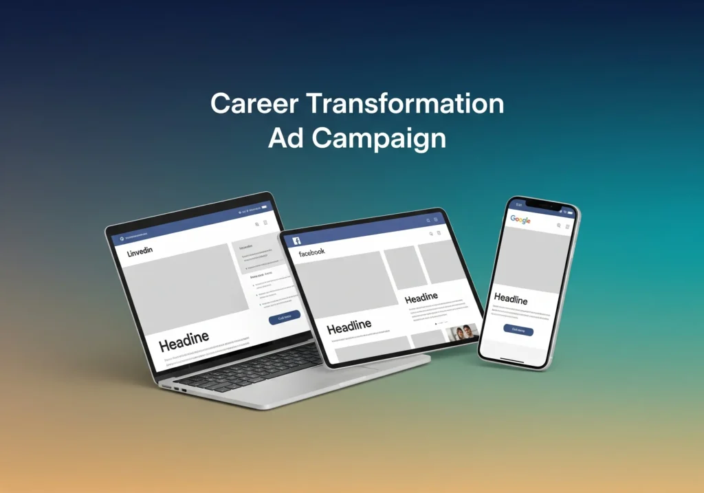 Professional mockup of career transformation ad campaign shown on laptop, tablet, and smartphone with gradient background